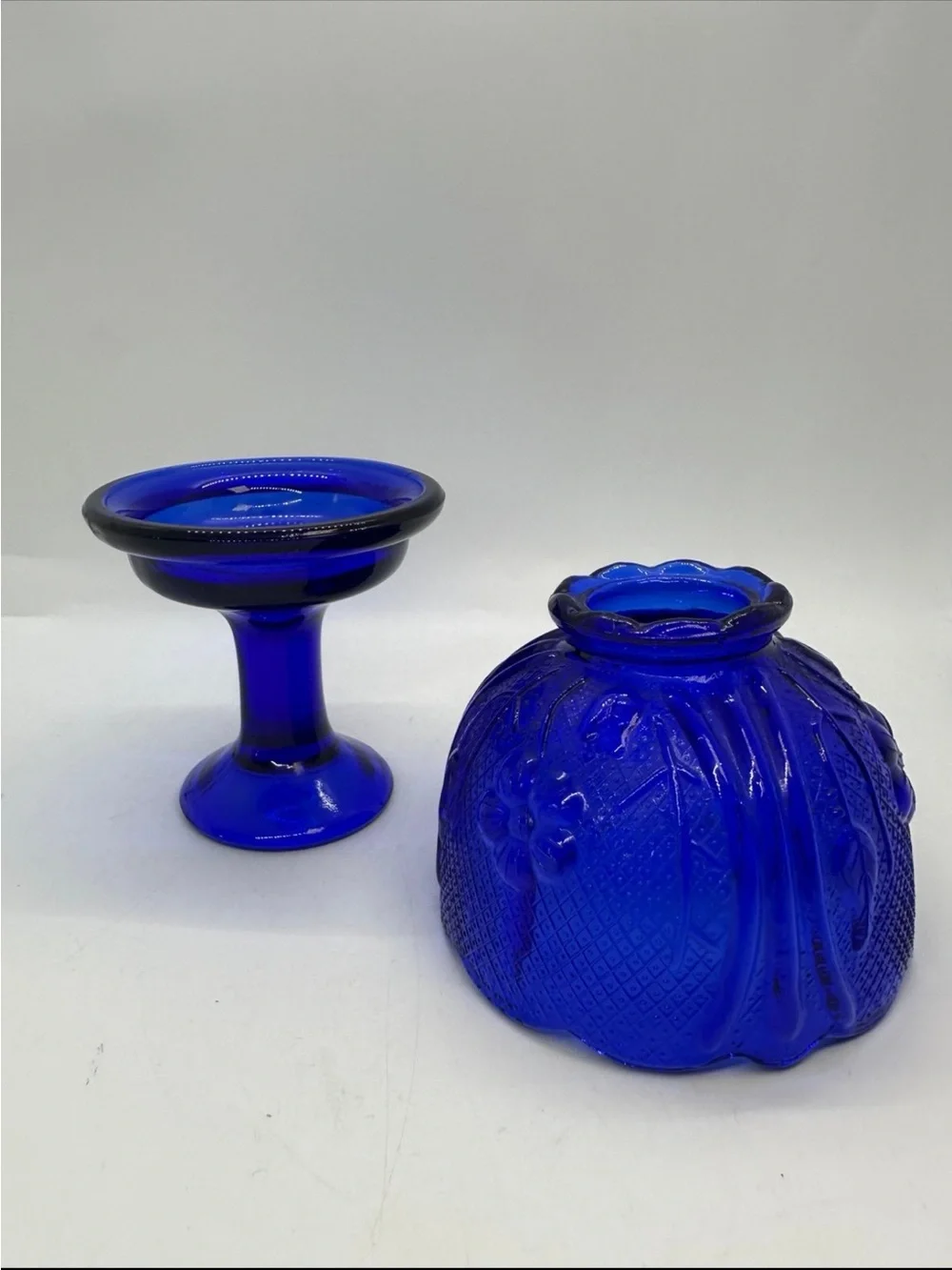 Cobalt Blue Glass Fairy Lamp Light 2pc embossed glass flowers Vintage